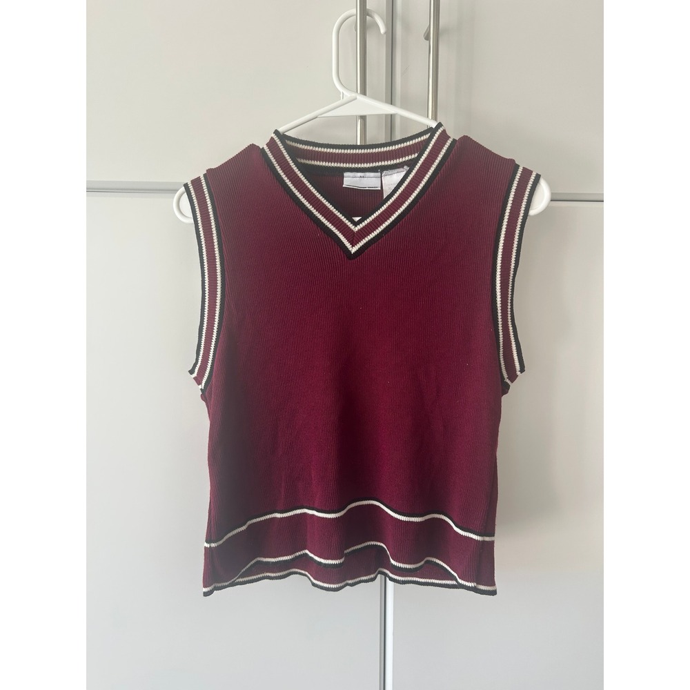 Vintage Xhilaration Burgundy Varsity Striped‎ Sweater Vest Maroon XL 14/16 USA